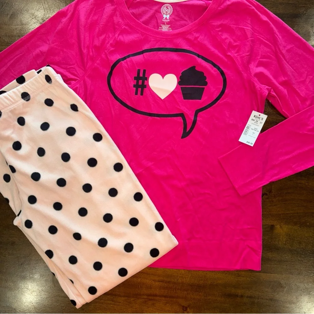 SO Intimates Pink I Love Cupcakes Long Sleeve Shirt & Fleece Pant Set Pajama L - Picture 2 of 8